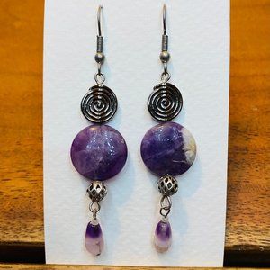 Amethyst and Silver Spiral Dangle Earrings
